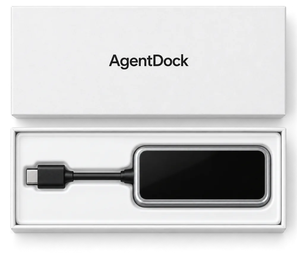Agentdock retail box, lid off, with the dongle in its white tray