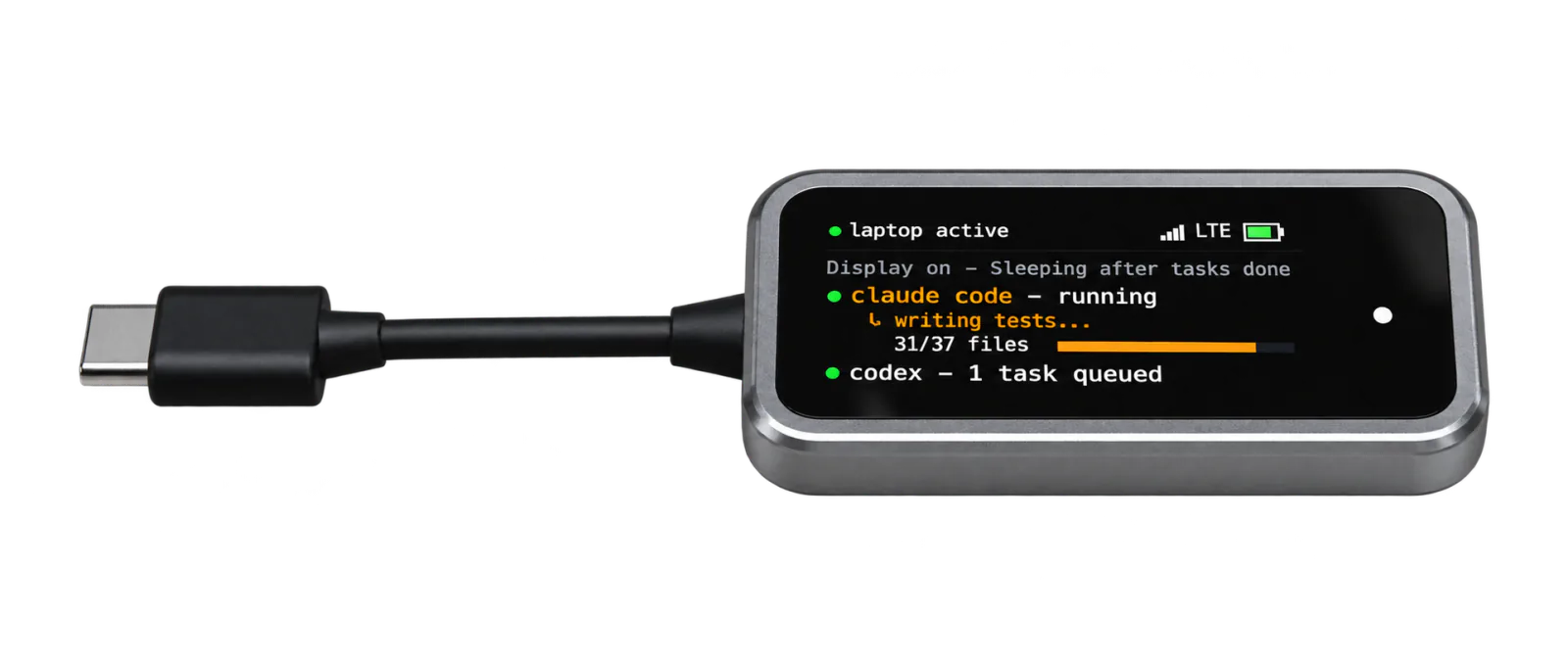 Agentdock dongle with its status screen showing Claude Code running